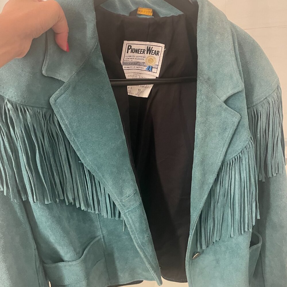 Teal Fringe Suede Jacket M - Picture 2 of 3